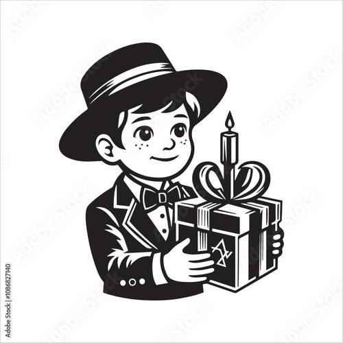 Happy Child with Hanukkah Gift. A cheerful cartoon girl, holding a gift box featuring a menorah design.