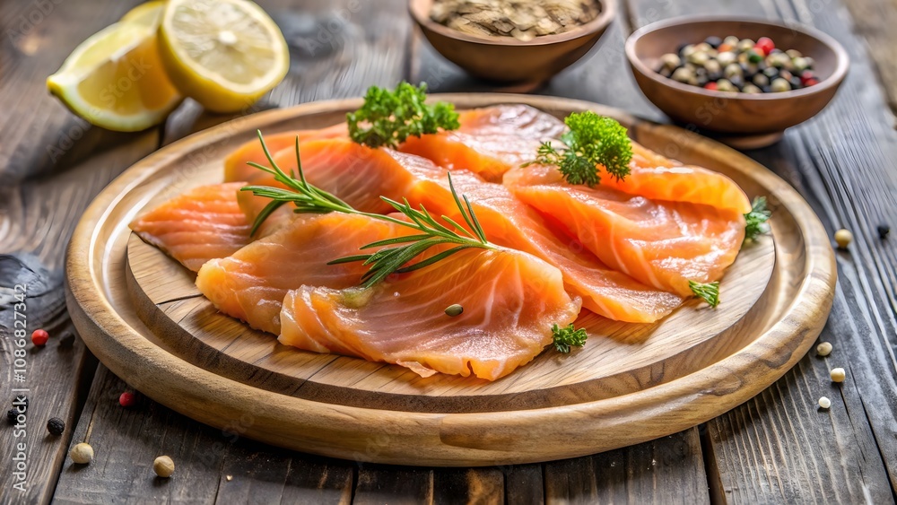 Smoked salmon slices on wooden board, gourmet food photography, fresh seafood platter.
Smoked salmon slices on wooden board, gourmet food photography, fresh seafood platter.