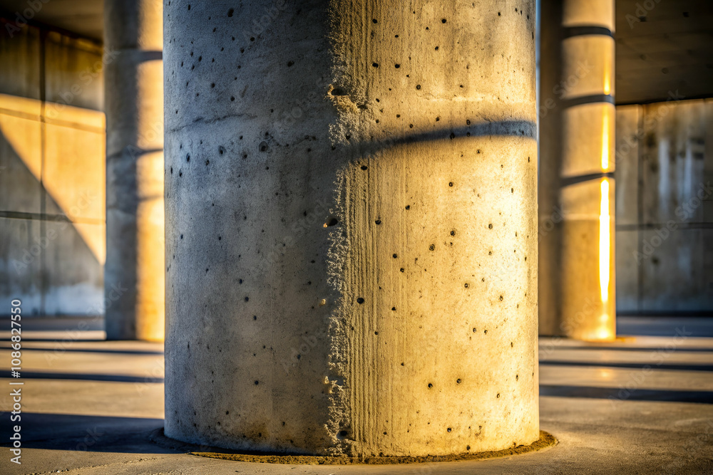 Brutalism Concrete pillars cast shadows in a dimly lit underground space, highlighting texture and structure in an industrial setting. Brutalism Concrete pillars cast shadows in a dimly lit underground space, highlighting texture and structure in an industrial setting.