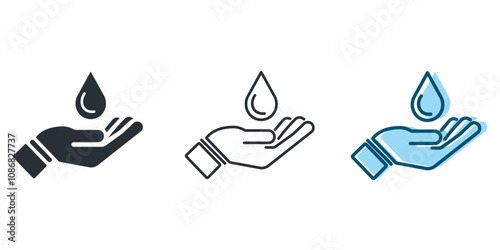 Hand with water drop icons. Save water outline. Isolated vector illustration