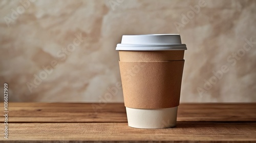 Craft paper coffee cup on a wooden table near a light wall background. Copy space