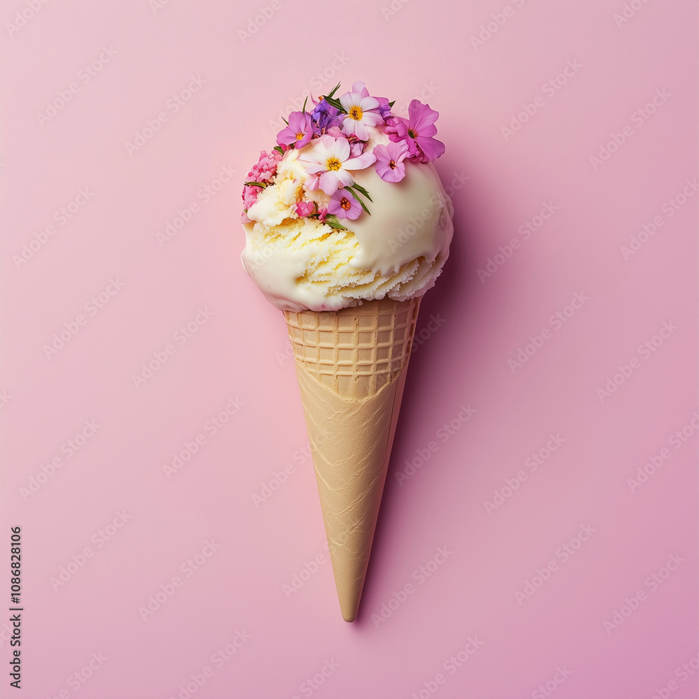 Ice cream cone with flowers inside, on pink background, minimalist style Ice cream cone with flowers inside, on pink background, minimalist style
