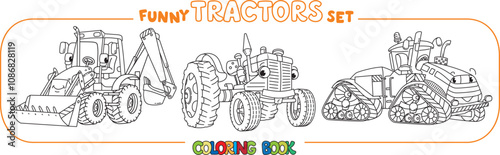 Funny vector tractors with eyes. Coloring book set