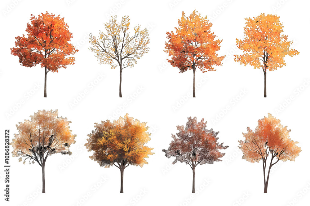 Set of Autumn red maple tree isolated on white background, cut out png.