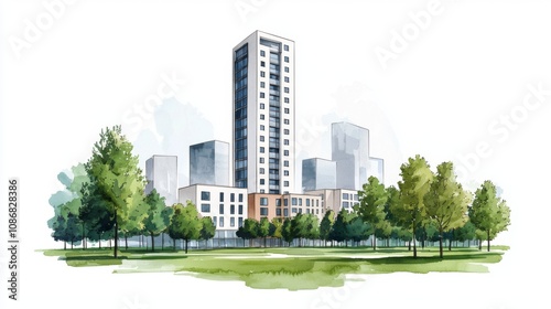 Modern Cityscape with Trees and Buildings Illustration