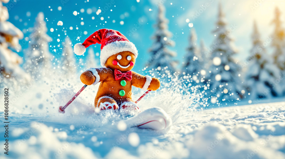 Festive Gingerbread Man Skiing Through Snowy Winter Wonderland Festive Gingerbread Man Skiing Through Snowy Winter Wonderland