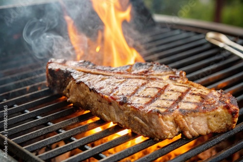 Grilling T-Bone Steak to Perfection on a Barbecue Grill with Flames and Smoke