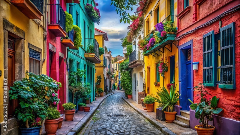 Obraz premium Explore the Hidden Charm of Narrow Streets and Beautiful Alleys Adorned with Art in a Quaint Cityscape for Captivating Candid Photography Experiences