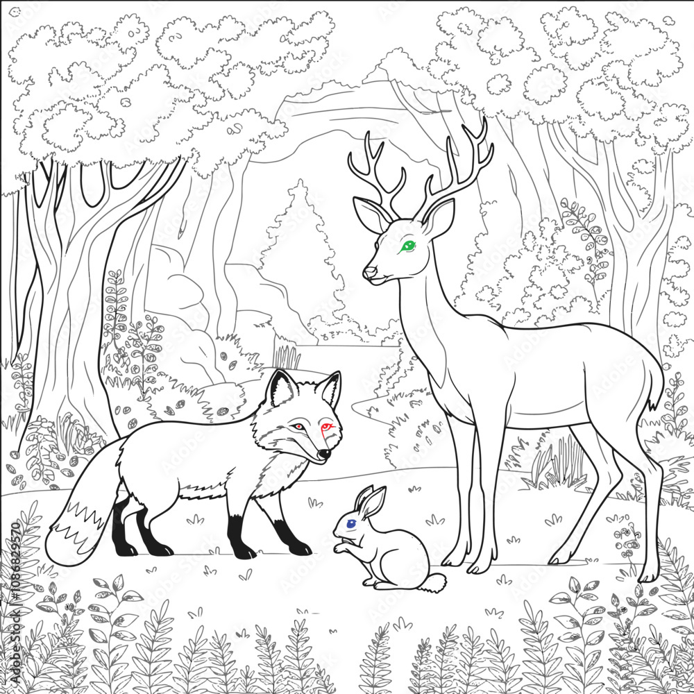 Naklejka premium jungle animal art line art with fox bear rabbet angel deer horse and birds illustration