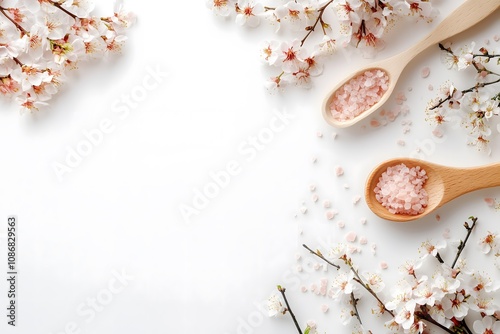 Photo of natural spa tools with pink salt on a white background