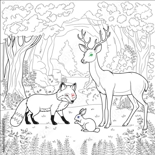 jungle animal art line art with fox bear rabbet angel deer horse and birds illustration