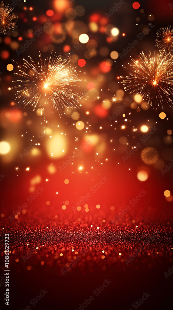 Vibrant Fireworks Display Against a Dazzling Red and Gold Bokeh Background Vibrant Fireworks Display Against a Dazzling Red and Gold Bokeh Background