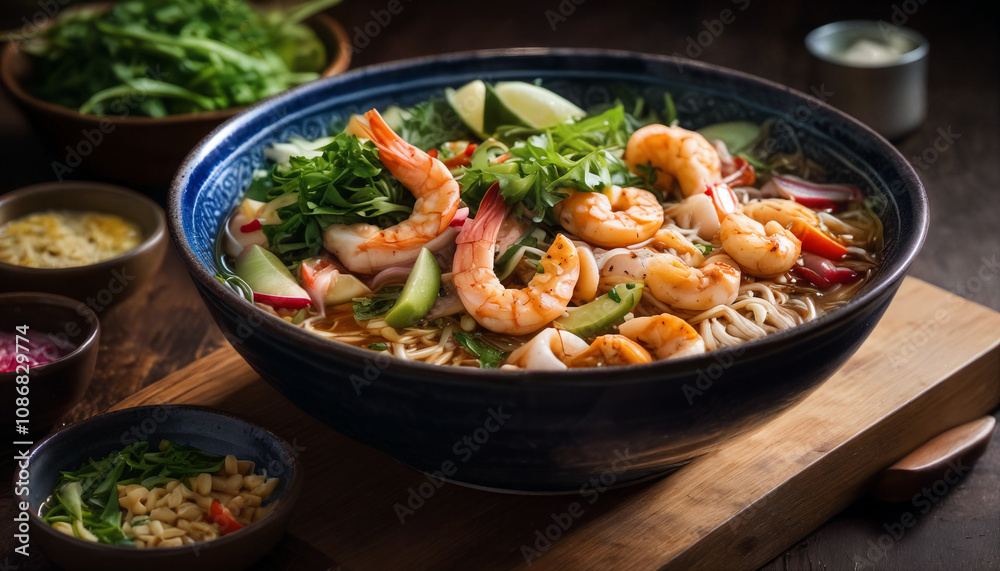 Delicious shrimp noodle soup served in a blue bowl with fresh vegetables and herbs at a cozy kitchen table in the evening Delicious shrimp noodle soup served in a blue bowl with fresh vegetables and herbs at a cozy kitchen table in the evening