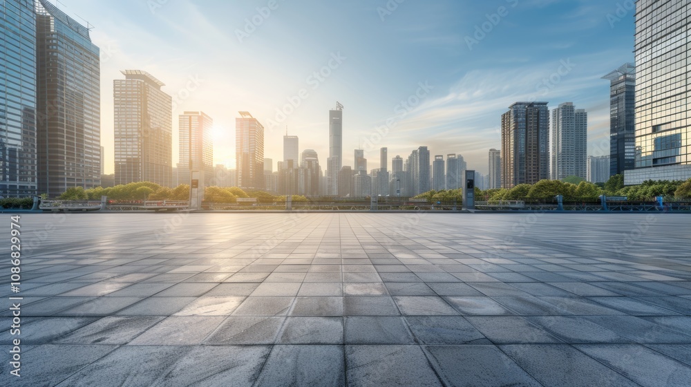 Empty square floor with city skyline background, Metropolitan Plaza Renovation Project, morning Empty square floor with city skyline background, Metropolitan Plaza Renovation Project, morning