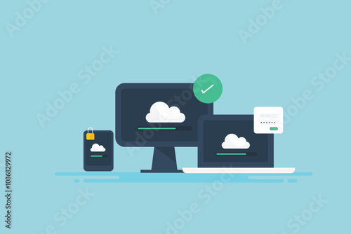 Secure data transfer with cloud server backup, uploading data to cloud storage from digital devices, conceptual information technology.