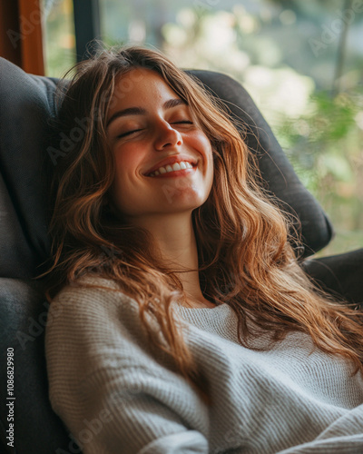 Happy woman enjoying serene home environment while sitting in a comfortable chair, relaxing and breathing fresh air. Concept of wellbeing, relaxation, and positive living