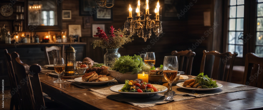 Cozy dinner setting with gourmet dishes and wine in a rustic dining room during the evening glow Cozy dinner setting with gourmet dishes and wine in a rustic dining room during the evening glow