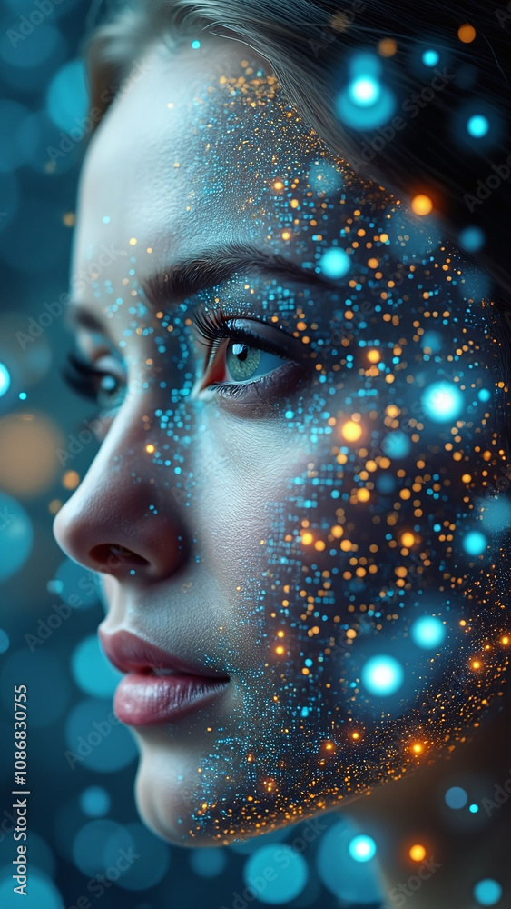 Face overlaid with digital world icons representing connectivity Face overlaid with digital world icons representing connectivity