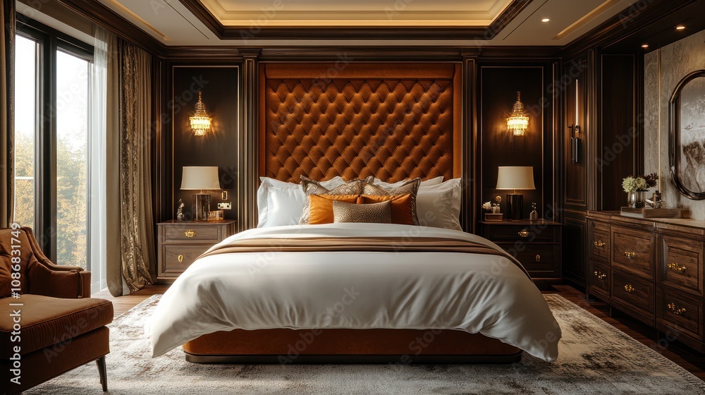 Highly detailed 3D luxury suite bedroom with a designer headboard, high-end textiles, and gold accents Highly detailed 3D luxury suite bedroom with a designer headboard, high-end textiles, and gold accents