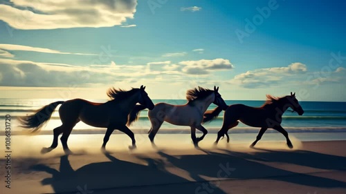 Three Horses Galloping on a Beach at Sunset