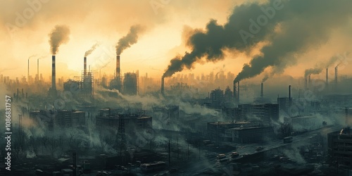 An industrial city shrouded in smoke and smog at sunset