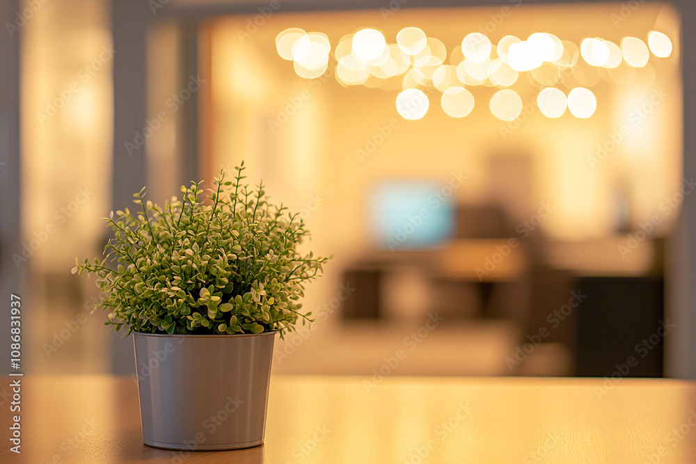 Photo of a modern office with a blurred background, featuring a small green plant on the table