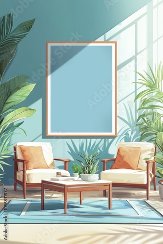 Living room rendered in 3D with a blue poster background for artistic presentations.