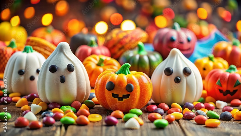 Flat Halloween Background with Colorful Ghosts and Candy Design, Perfect for Spooky Season Celebrations and Festive Decorations Flat Halloween Background with Colorful Ghosts and Candy Design, Perfect for Spooky Season Celebrations and Festive Decorations
