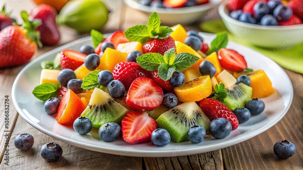 Fresh and Colorful Fruit Salad on a Plate - A Vibrant Mix of Seasonal Fruits for a Healthy Delightful Snack or Dessert Fresh and Colorful Fruit Salad on a Plate - A Vibrant Mix of Seasonal Fruits for a Healthy Delightful Snack or Dessert