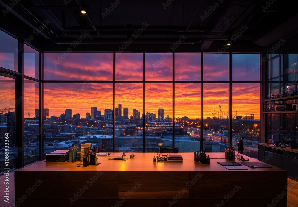 Fototapeta premium Breathtaking Urban Sunset View from Modern Office Interior with Glass Windows Showcasing Cityscape and Colorful Sky at Dusk, Ideal for Business and Inspiration Imagery