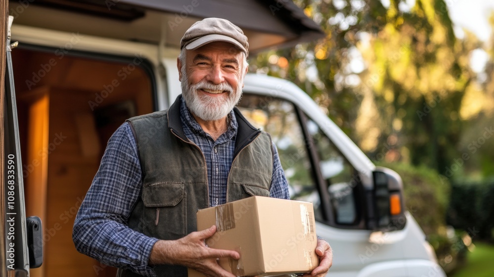 A smiling senior man holding a package, standing by a van A smiling senior man holding a package, standing by a van