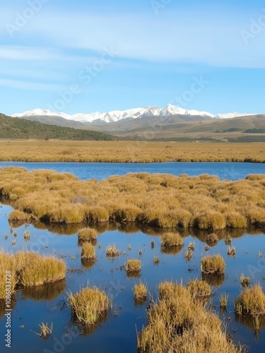 Beautiful wetlands with golden grasses and snow-capped mountains in bright sunlight