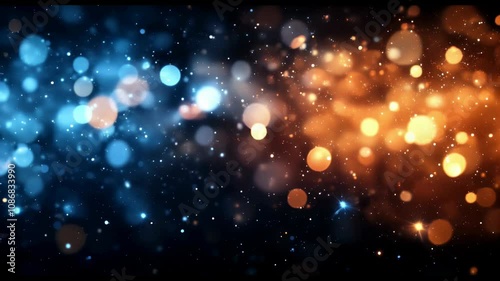 Elegant blue and gold bokeh lights with sparkling particles floating on a deep navy background. Perfect for holiday greetings, luxury branding, or festive celebrations