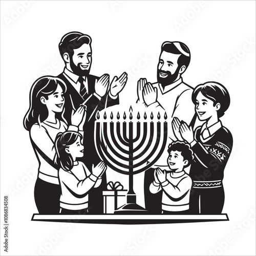 A Jewish Family Sings Holiday Hymns. A heartwarming black and white illustration of a Jewish family singing together.