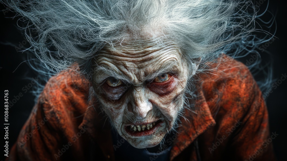 The old witch glares intensely, her wild hair and sinister expression creating an unsettling vibe, enhanced by the surrounding shadows and dim light The old witch glares intensely, her wild hair and sinister expression creating an unsettling vibe, enhanced by the surrounding shadows and dim light