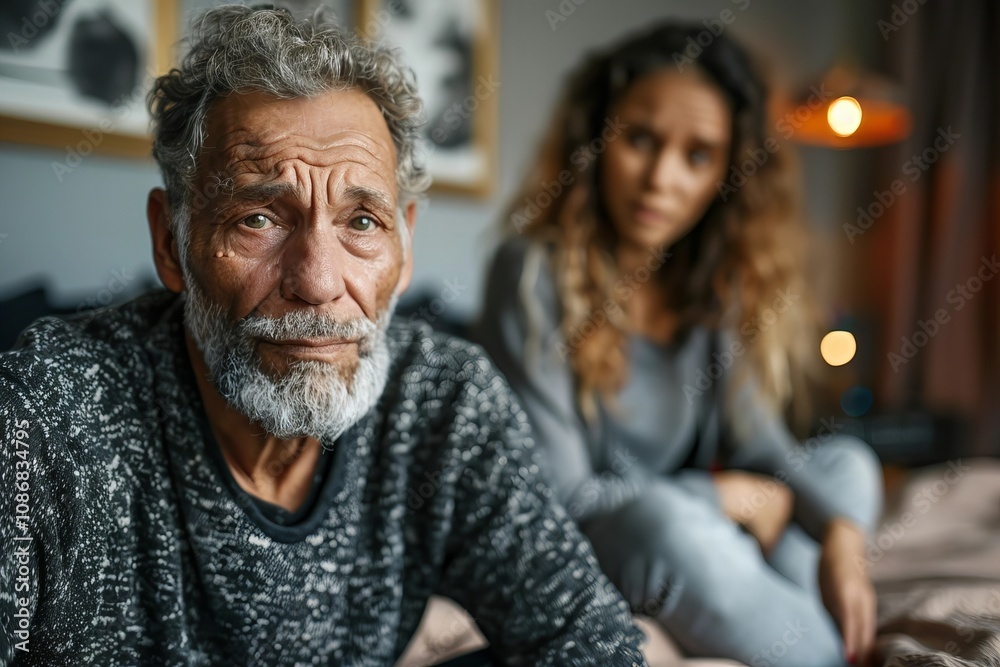 Close-up of a sad man sitting on a bed in front of his wife at home Close-up of a sad man sitting on a bed in front of his wife at home