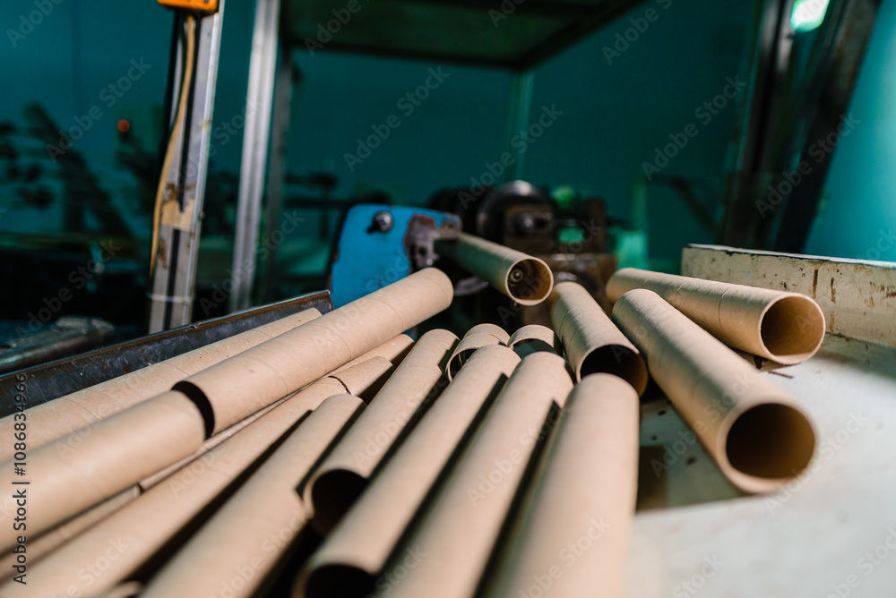 Glue machine for paper tube cores, steel metal engine, technology manufacturer in operation process in industry manufacturing plant factory. Raw product equipment. Cardboard cargo in warehouse Glue machine for paper tube cores, steel metal engine, technology manufacturer in operation process in industry manufacturing plant factory. Raw product equipment. Cardboard cargo in warehouse