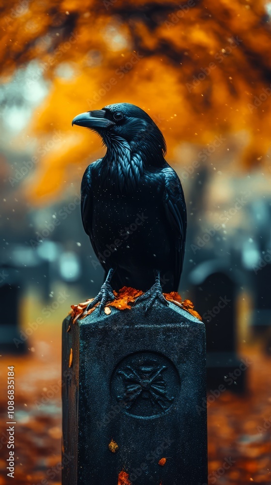 Naklejka premium A raven stands atop an ancient gravestone, surrounded by vibrant autumn foliage, as a gentle mist weaves through a tranquil graveyard at dusk