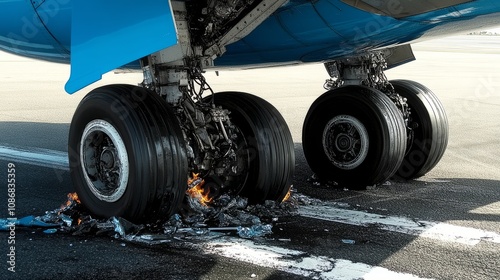 Flames erupt from the aircraft's wheels while it grinds to a halt on the runway, creating a tense situation during an emergency landing attempt photo