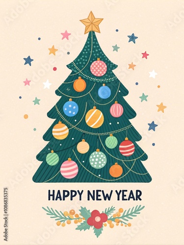 Colorful Ornaments Christmas Tree Happy New Year Greeting Card