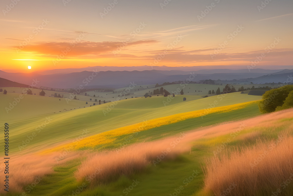 A vibrant sunset paints the sky with hues of orange, yellow, and pink, casting a warm glow over rolling hills and a lush, green meadow. The sun dips below the horizon, leaving a trail of light across A vibrant sunset paints the sky with hues of orange, yellow, and pink, casting a warm glow over rolling hills and a lush, green meadow. The sun dips below the horizon, leaving a trail of light across