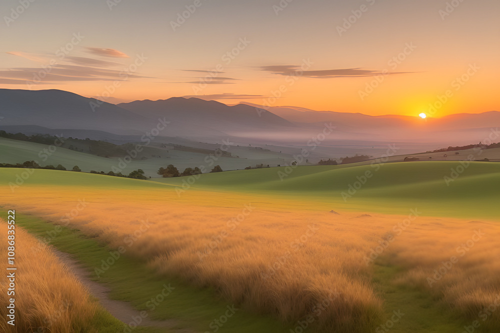 A vibrant sunset paints the sky with hues of orange, yellow, and pink, casting a warm glow over rolling hills and a lush, green meadow. The sun dips below the horizon, leaving a trail of light across A vibrant sunset paints the sky with hues of orange, yellow, and pink, casting a warm glow over rolling hills and a lush, green meadow. The sun dips below the horizon, leaving a trail of light across