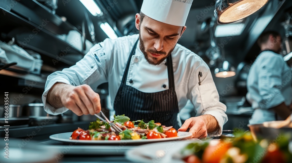 In a vibrant restaurant kitchen, a dedicated chef artfully arranges a fresh salad on a pristine plate, showcasing culinary passion and precision In a vibrant restaurant kitchen, a dedicated chef artfully arranges a fresh salad on a pristine plate, showcasing culinary passion and precision