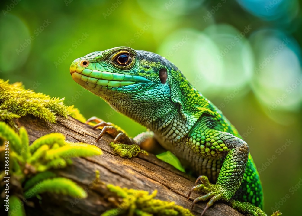 Green Forest Lizard Sitting on Tree, Showcasing the Beauty of Zootoca Vivipara in Its Natural Habitat of Central Europe with Lush Greenery and Detailed Features Green Forest Lizard Sitting on Tree, Showcasing the Beauty of Zootoca Vivipara in Its Natural Habitat of Central Europe with Lush Greenery and Detailed Features