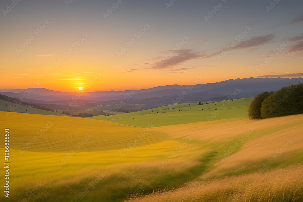 A vibrant sunset paints the sky with hues of orange, yellow, and pink, casting a warm glow over rolling hills and a lush, green meadow. The sun dips below the horizon, leaving a trail of light across A vibrant sunset paints the sky with hues of orange, yellow, and pink, casting a warm glow over rolling hills and a lush, green meadow. The sun dips below the horizon, leaving a trail of light across