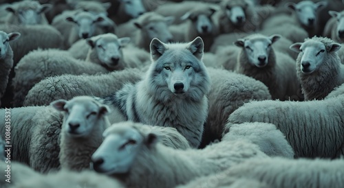 Flock of sheep with a lone wolf in the center. The wolf stares intently. White sheep surround the wolf.