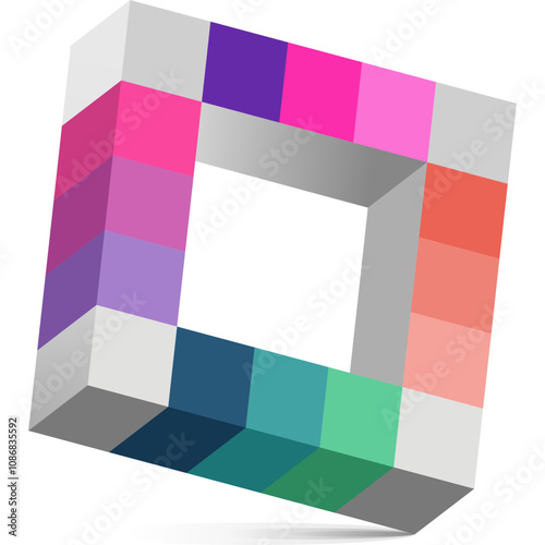 A modern 3D square diagram featuring a hollow cube design with multicolored segments arranged in a gradient pattern. The isometric perspective infographic layout for business presentations.
