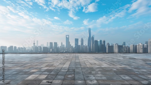 Empty square floor with city skyline background, Community Educational Hub Development, afternoon