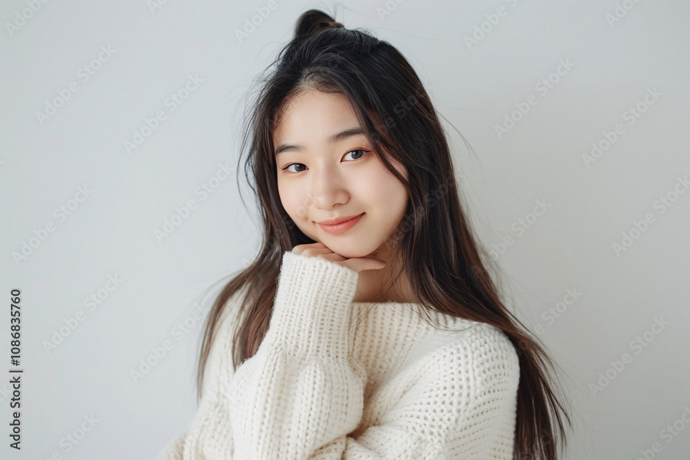 Beautiful Asian Chinese woman showcasing perfect makeup and hairstyle on white background Beautiful Asian Chinese woman showcasing perfect makeup and hairstyle on white background
