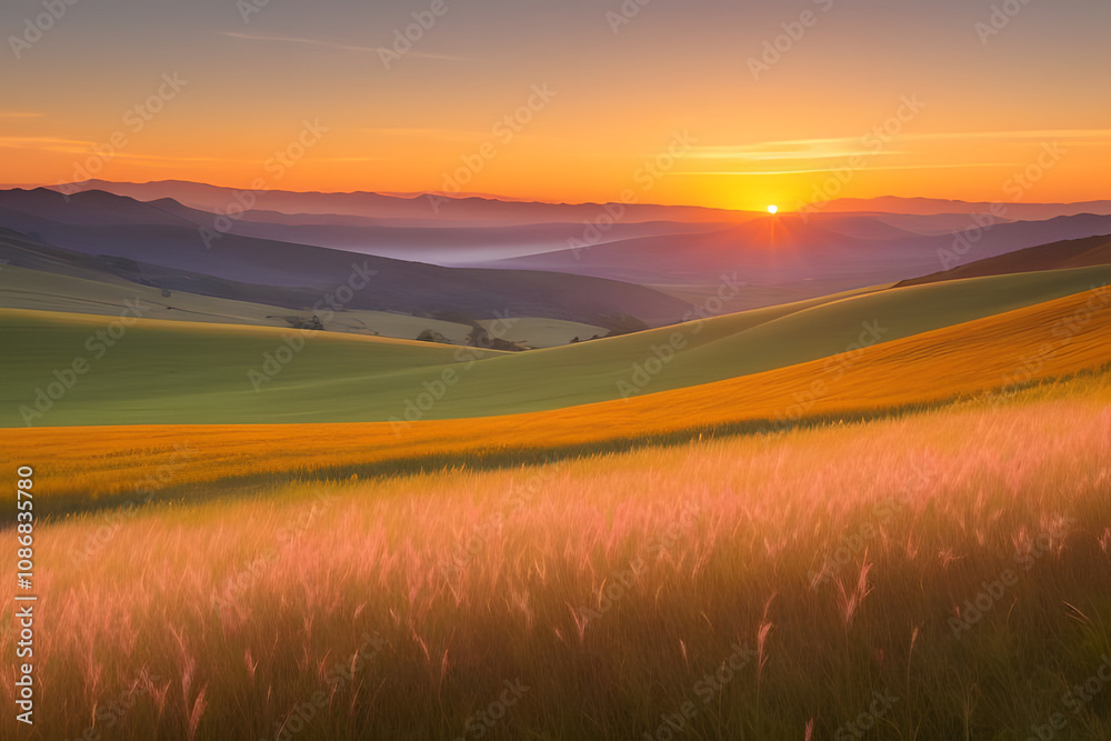 Fototapeta premium A vibrant sunset paints the sky with hues of orange, yellow, and pink, casting a warm glow over rolling hills and a lush, green meadow. The sun dips below the horizon, leaving a trail of light across 